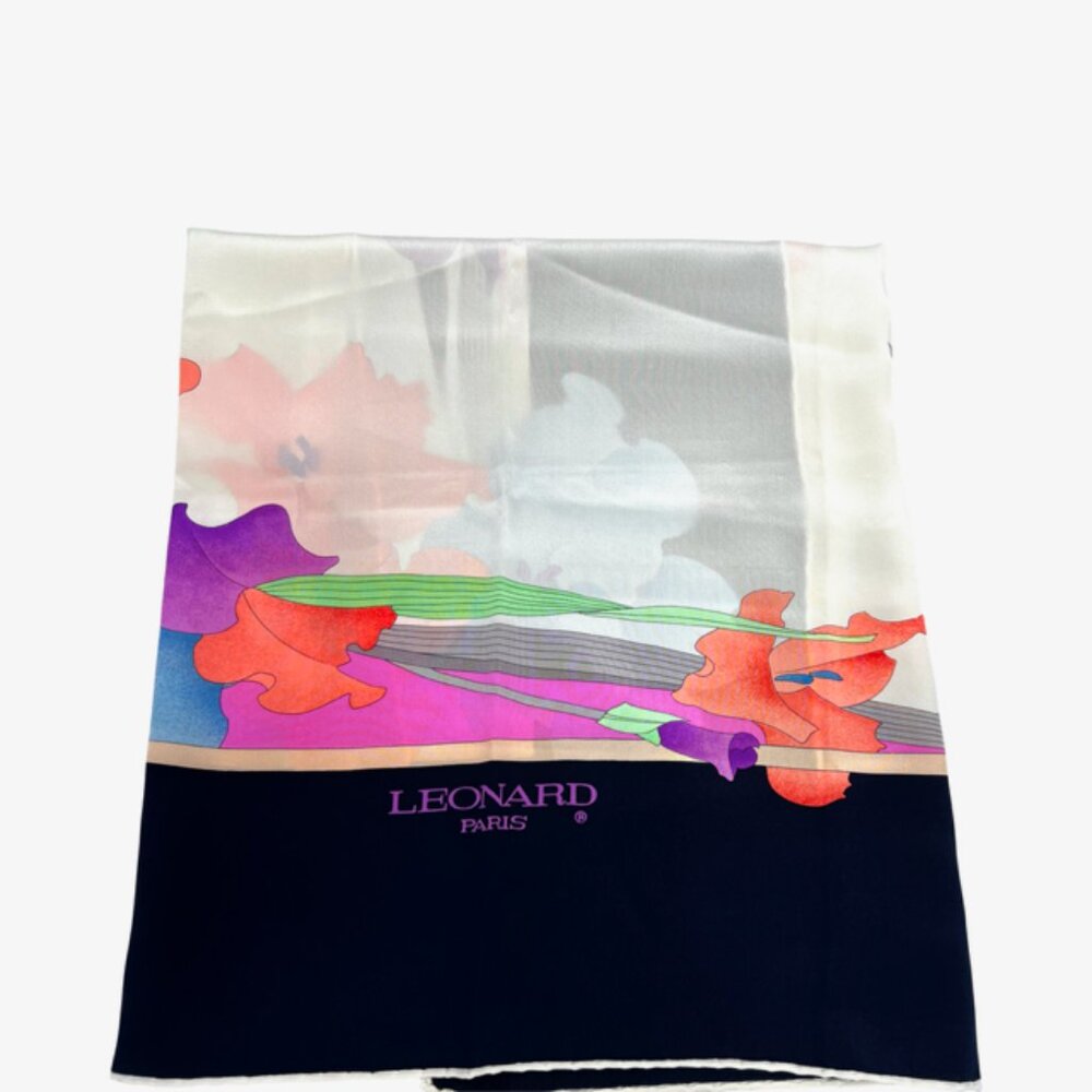 Leonard Paris 100% Silk Scarf 33" Ivery Blue pink purple green floral (79 - Picture 7 of 12